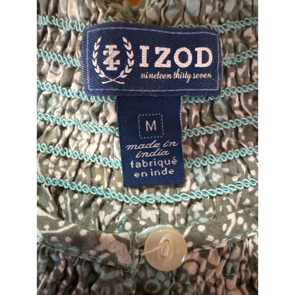 Izod Womens Floral Smocked Blouse M Multicolor Short Sleeve Button-Front Lightwe - Picture 4 of 5